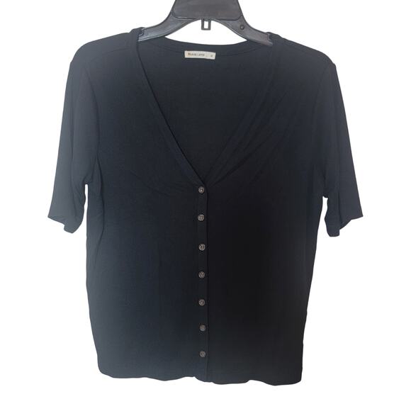 Marine Layer Lexi Button Front Ribbed Black Short Sleeve V-Neck Top Shirt Medium - Picture 3 of 11